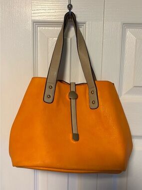 Pretty Orange Faux Leather Tote Bag with Taupe Handles with detachable pouch